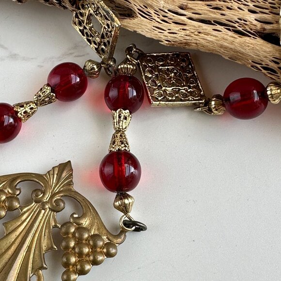 Vintage Red Glass Bead Necklace, Filigree Drop Pendant - Picture 12 of 12